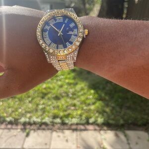 Iced Out Gold & Silver Tone Watch Blue Dial Roman Numerals Diamond Style Band